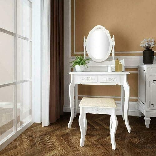 White Vanity Jewelry Makeup Dressing Table Set W/Stool 4 Drawer Mirror Wood Desk thumbnail 3