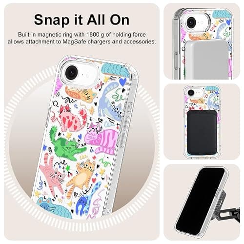 MOSNOVO for iPhone 17e Case/iPhone 16e Case, Compatible with Magsafe, Shockproof Military-Grade Protection 6.6ft Drop Tested, Magnetic Clear Phone Case for iPhone 17e, Doodle Cats Design thumbnail 5