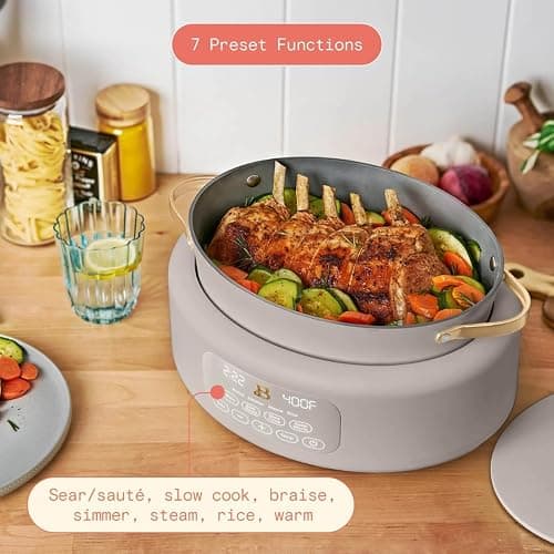 Beautiful 10-in-1 Electric Multi-Cooker by Drew Barrymore, 6-quart, digital display, 10 cooking functions, non-stick pot, easy one-touch control (Porcini Taupe) thumbnail 5