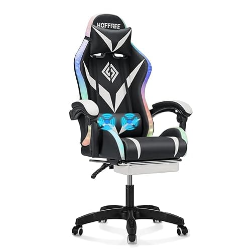 RGB Gaming Chair with Massage and LED Lights Ergonomic Computer Chair with Footrest Reclining High Back Video Game Chair for Adults with Adjustable Lumbar Support White and Black