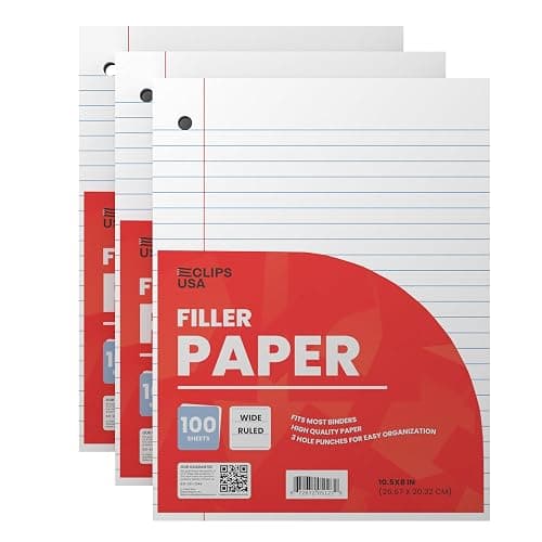 Wide Ruled Loose Leaf Paper Wide Ruled Notebook Paper Lined Writing Filler Paper 10.5” x 8” 56 gsm 300 Sheets 100 Sheet Per Pack (3 Pack) - Image 1