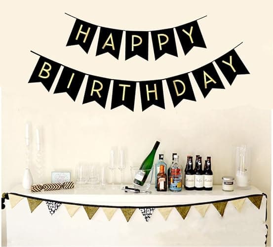 FECEDY Black Happy Birthday Bunting Banner with Shiny Gold Letters Party Supplies thumbnail 2