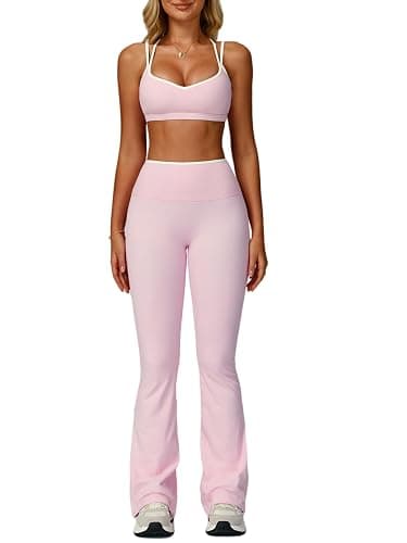 ABOCIW Workout Sets for Women 2 Piece Color Block Strappy Sports Bra High Waist Flare Leggings Gym Yoga Pilates Outfits thumbnail 7