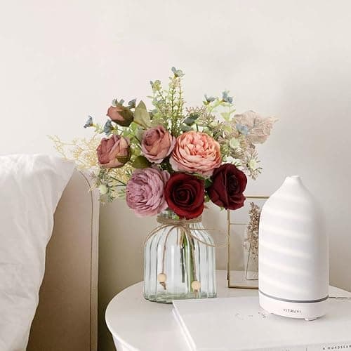 LESING Fake Artificial Flowers with Vase Faux Silk Flower Bouquet in Glass Vase Rose Floral Arrangements Flower for Home Office Decoration, Dining Table Centerpiece (Red) thumbnail 7