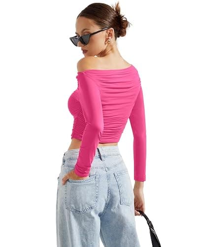 SUUKSESS Women Off Shoulder Long Sleeve Shirts Double Lined Fitted Crop Tops thumbnail 3