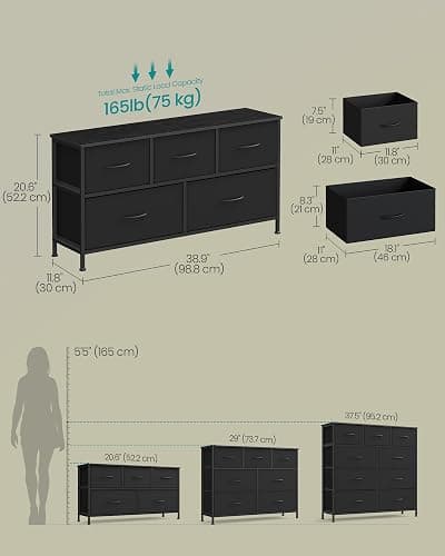 SONGMICS Dresser for Bedroom, Chest of Drawers, TV Stand, Steel, MDF, 5 Non-Woven Fabric Drawers, Storage Organizer Unit, Closet, Entryway, Ink Black and Ebony Black ULGS322B01S thumbnail 2