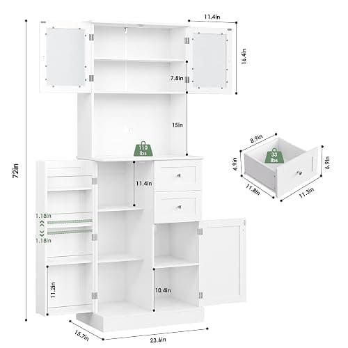 BOTLOG 72" Tall Kitchen Pantry Storage Cabinet with 4-Tier Door Shelves | Kitchen Hutch Cabinet with 2 Drawers, Frosted Glass Door for Dining Room, Modern White, Space-saving, apartment, small room thumbnail 3