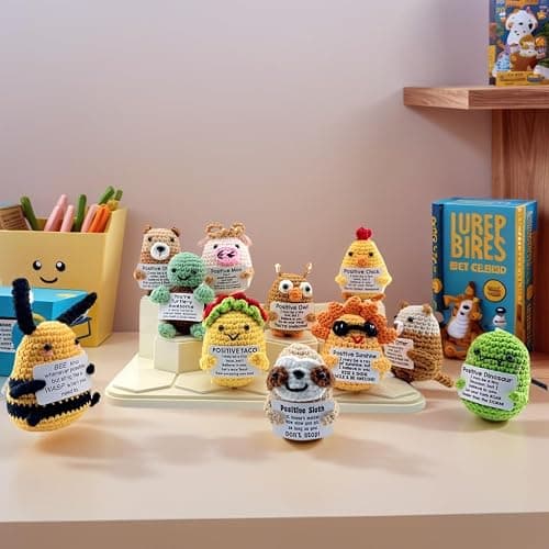 Narottl Handmade Crochet Emotional Support Plush Blind Box Mini Positive Animal Dolls with Inspirational Card, Motivational Sticker & Hook, Hanging & Desktop Gifts for Friend, Coworker & Teacher thumbnail 2