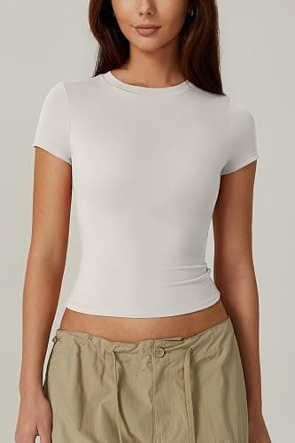 QINSEN Women's Crew Neck Short Sleeve Double-Layer Tops Basic Slim Fit Going Out T Shirt thumbnail 2