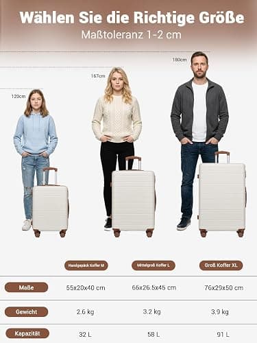 Shavont Kofferset 3-teilig, Hartschalenkoffer aus ABS, Handgepäck Koffer 55x40x20 cm, Mittelgroßer Koffer L, Großer Koffer XL, Trolley mit 4 Leisen 360° Doppelrollen (Kofferset, Cremefarben) thumbnail 3
