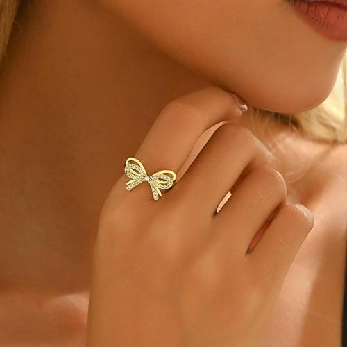 18K Gold Plated Stackable Bow Rings for Women Dainty Adjustable Open Cubic Zirconia Friendship Bow Knot Rings thumbnail 2