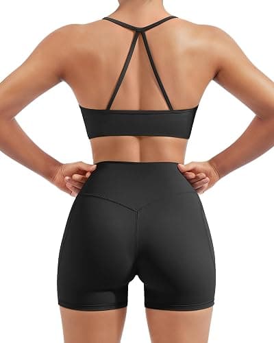 SUUKSESS Women 2 Piece Workout Sets Padded Halter Sports Bras High Waisted Biker Shorts with Pockets - Image 1