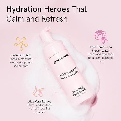 grace & stella Award Winning Hydrating Face Wash (150ml) - Gentle Foaming Facial Cleanser with Hyaluronic Acid, Rose Water, Aloe Vera - Moisturizing Cleansing Foam for Normal to Very Dry Skin - Vegan thumbnail 4