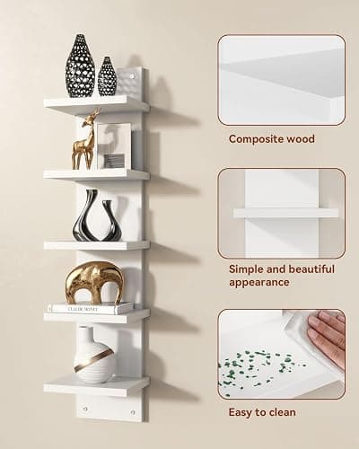 IBUYKE 5 Tier Wall Shelf Unit,White Vertical Shelf,Organizer Tall Tower Design Decorative Wall Mount Shelving for Home, Bedroom,Office Decor WBC009W-2 thumbnail 4