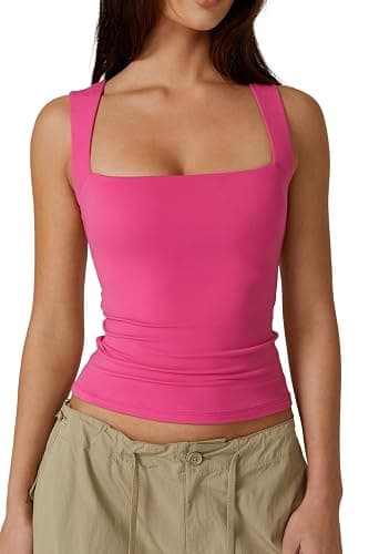 QINSEN Women's Square Neck Sleeveless Double-Layer Tank Tops Basic Tight T Shirts - Image 1