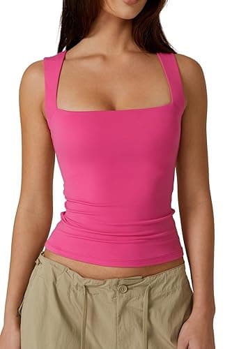 QINSEN Women's Square Neck Sleeveless Double-Layer Tank Tops Basic Tight T Shirts - Small - Magenta