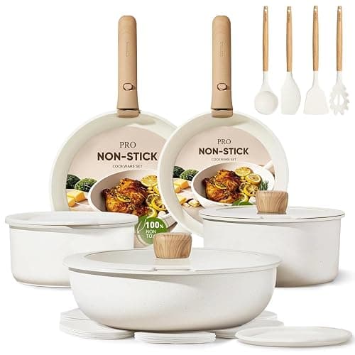 CAROTE 19pcs Pots and Pans Set Non Stick, Cookware Set Detachable Handle | Induction Compatible, Dishwasher & Oven Safe, Space Saving, Camping Cooking Set, Kitchen Set, White - Image 1
