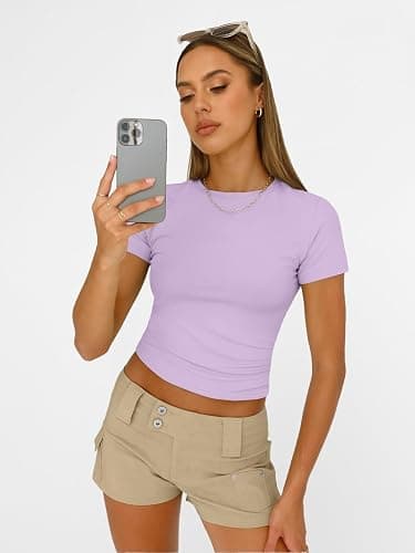 AUTOMET Women's Crew Neck Short Sleeve Basic Stretchy Tight Fitted T-Shirt thumbnail 3