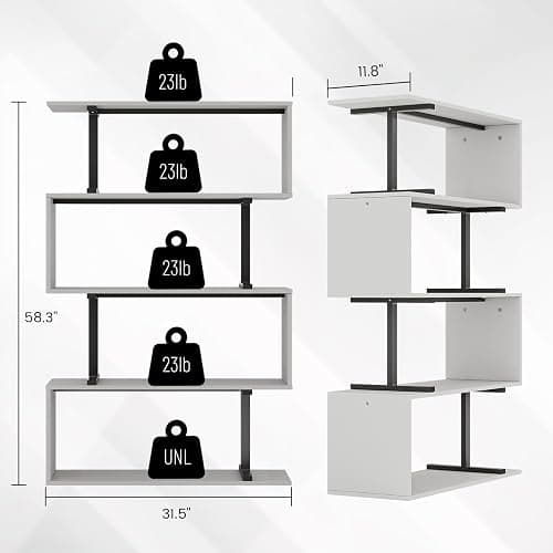 GRUSIGN 5-Tier White Geometric Bookshelf, S Shaped Bookcase,Wood Decorative Storage Shelving,Modern Freestanding Display Shelves for Office,Bedroom,Living Room, 31.5" W x 58.3" H thumbnail 2