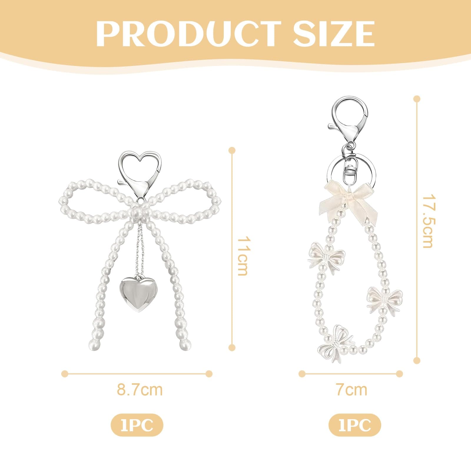 Lilbitty -Pack of 2 Cute Bow Pearl Keychains for Women, Fashion Key Ring for Bag and Car, Gold Charms Pendant thumbnail 2