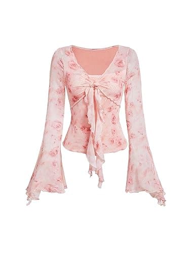 Verdusa Women's Bell Long Sleeve Floral Print Mesh Tie Front Lettuce Trim Tee Shirt Top - Medium - Pink