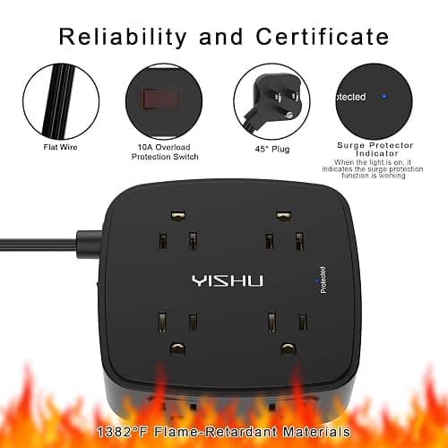 10 Ft Surge Protector Power Strip - YISHU 8 Widely Outlets with 4 USB Ports, 3 Side Outlet Extender with 10 Feet Flat Extension Cord, Ultra Flat Plug, Wall Mount, Desk USB Charging Station, ETL, Black thumbnail 6