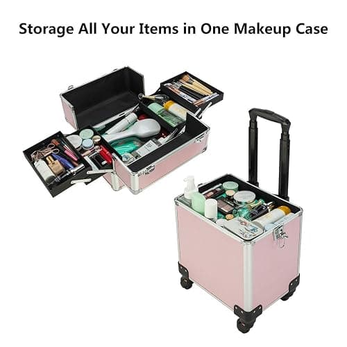 mefeir 4 in 1 Rolling Makeup Train Case, Aluminum Makeup Travel Organizer Cosmetic Case, Cosmetology Display Suitcase on Wheels, Beauty Storage Luggage Lockable w/4 Removable Wheels (Pink) thumbnail 8
