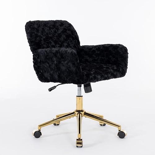 Beuiosda Faux Fur Vanity Makeup Desk Chair, Comfy Upholstered Office Chair with Wheels and Gold Metal Base, Modern Accent Swivel Vanity Chair Adjustable High, Chassis Can Be Tilted 40° (Black) thumbnail 3