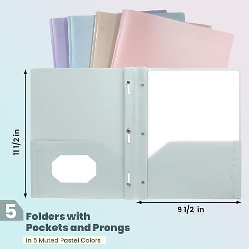 GNL Plastic Folders with Pockets and Prong, Pack of 5, Muted Pastel Colors, Heavy Duty 2 Pocket File Folders Letter Size, Folders with Prongs for School, Home, and Office thumbnail 3