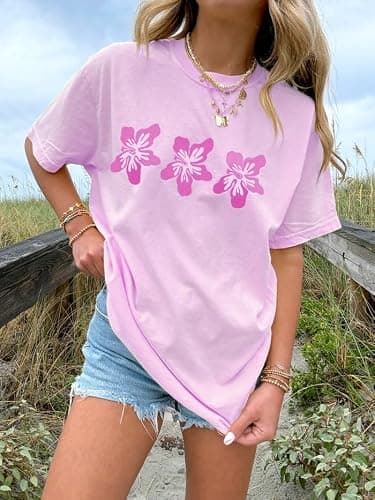 Oversized Graphic Shirt for Teens Girl Y2K Ocean Floral Short Sleeve Baggy Tee Shirts Vintage Aesthetic Coastal Tops thumbnail 3
