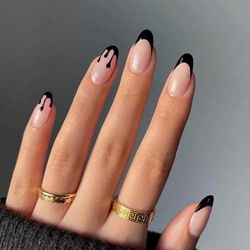 Halloween French Tip Almond Fake Nails - Terror Blood Press-On With Acrylic Glue - Medium Glossy Reusable Artificial Nails for Women DIY Manicure - 24 Pcs - Image 1