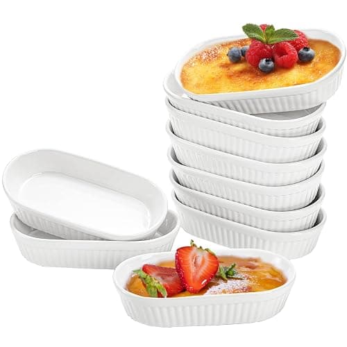 Foraineam 10 Pack White Ramekins, Porcelain Souffle Dishes, Oval Crème Brulée Ramekins for Baking, 6 Ounce Dessert Bowls Set for Soufflé, Pudding, Quiche, Snack, Custard, Dishwasher and Oven Safe thumbnail 6