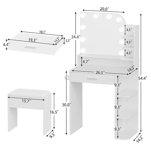 wanan Small Vanity, Set with Chair, Big Mirror & Lights, for Girls, White | Small footprint, huge storage, 14.2×26.5×54.4", 6 shelves+drawer, outlet+hairdryer rack, 10 bright bulbs, dimmable & memory thumbnail 3