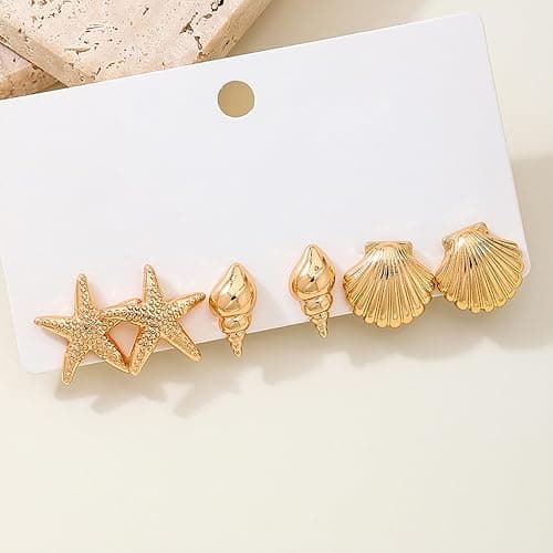 Gold Starfish Shell Earrings for Women Set 3 Pairs Summer Beach Vacation Earrings for Women Ocean Jewelry thumbnail 6