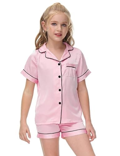 Veseacky Unisex Satin Pajamas Set Boys Girls Silk Pjs Short Sleeve 2 Piece Sleepwear Button-Down Kids Nightwear(4-13T) thumbnail 2