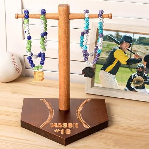 BYFDIY Custom Baseball Drip Display Wooden Personalized Name Number Championship Softball Ring Holder Display Sports Necklace Holder Organizer Baseball Jewelry Stand Birthday Gifts thumbnail 2