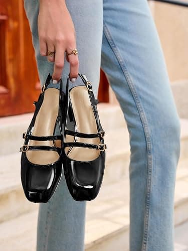 Coutgo Womens Mary Jane Chunky Low Heels Slingback Pumps Closed Square Toe Wedding Dress Shoes thumbnail 2