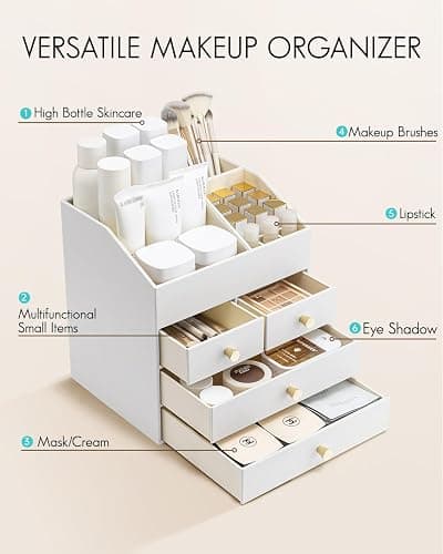 Vlando Makeup Organizer Countertop,Large Vanity Organizer PU Leather Make up Storage with 4 Drawers Skin care Organizer Cosmetic Display Case for Lipstick,Brushes,Bedroom-White thumbnail 5