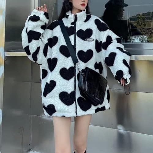 Sumleno Women's Fleece Sherpa Jackets Reversible Kawaii Heart Print Fuzzy Zip Up Cutecore Coats Aesthetic Y2k Gyaru Clothes thumbnail 5
