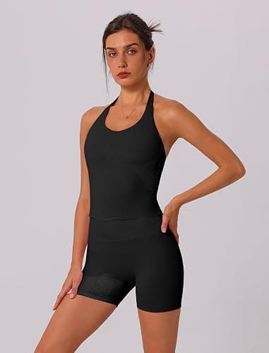 ABOCIW Workout Sets for Women 2 Piece seamless Halter Sports Bra Scrunch Butt Impact Shorts Gym Yoga Outfits thumbnail 2