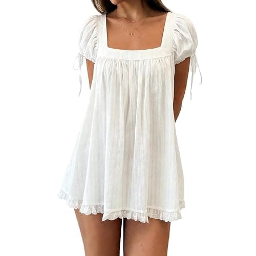 Women Square Neck Babydoll Dress Short Puff Sleeve Lace Trim Ruffle Hem Loose Fit Summer Casual Mini Dress - Image 1