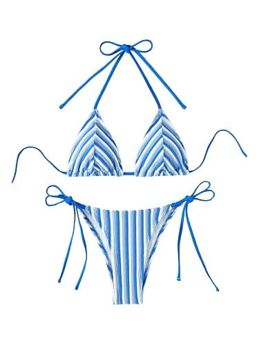 RoseSeek Women's 2 Piece Bikini Sets Halter Tie Side Triangle Swimsuit Striped Bathing Suit - Image 1