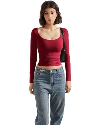 SUUKSESS Women Double Lined Fitted Basic T Shirts Scoop Neck Long Sleeve Crop Top thumbnail 4