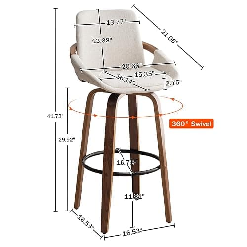 LUNLING 29.5" Bar Height Barstools Set of 2,Mid Century Modern Retro Bar Chairs Charcoal Beige Linen Look Fabric Upholstered and Walnut Wood Frame for Home Bar Furniture(Beige) thumbnail 2
