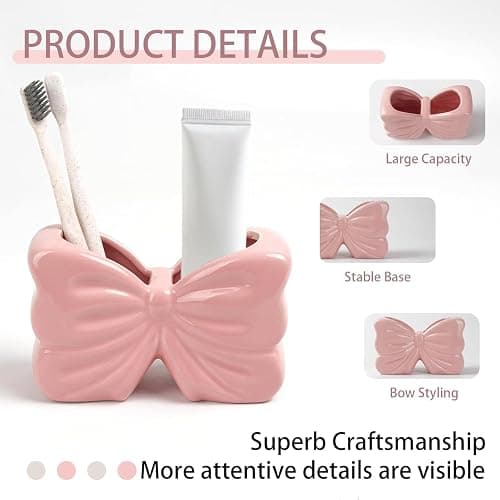 Bow Toothbrush Holder, Pink Ceramic Multi-Purpose 2-Section Organizer for Bathroom, Kitchen, Bedroom, Office Decor thumbnail 3