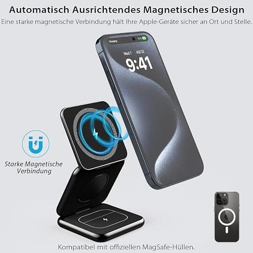 KU XIU X40 Induktive Ladestation 3 in 1 – Magnetisches Kabelloses Ladegerät, Faltbares Reiseladegerät für iPhone Serie 17–12/Air, 5W für iWatch Serie 11–4/Ultra/SE und Kabellose Kopfhörer – Schwarz thumbnail 5