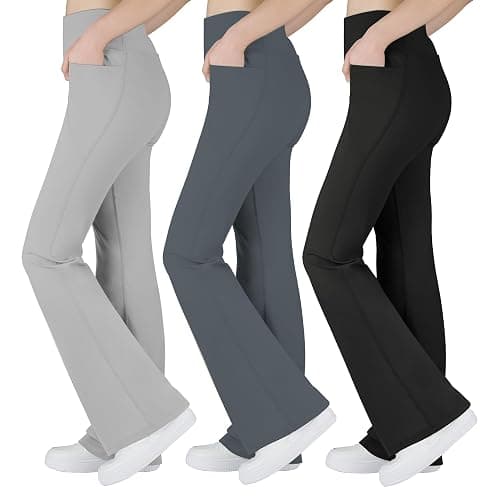 BIG ELEPHANT Girl's Flare Leggings with Pockets, Kids Bootcut Yoga Pants, High Waisted Bell Bottoms for Dance - Black+dark Gray+light Gray - Medium - Image 1