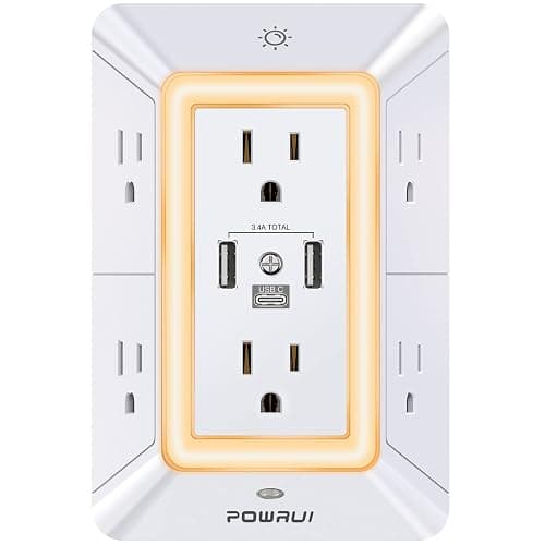 POWRUI Multi Plug 6 Outlet Surge Protector Extender with 3 USB Ports (1 USB C) and Night Light, 3-Sided Power Strip with Adapter Spaced Outlets, ETL Listed, White - Image 1