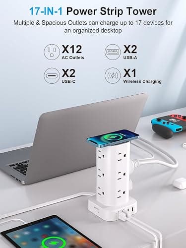 Power Strip with Wireless Charger, Flat Plug Surge Protector with 10FT Extension Cord, 12 AC Multiple Outlets, 4 USB (2 USB C), 15W Wireless Charging Power Tower for Home Office Dorm, White thumbnail 2