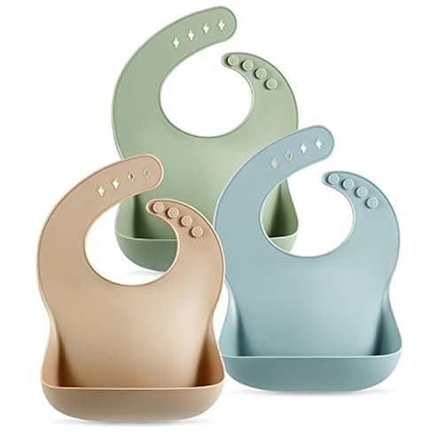 PandaEar Set of 3 Cute Silicone Baby Bibs for Babies & Toddlers (10-72 Months) Waterproof, Soft, Unisex, Non Messy (Brown/Blue/Green) - Image 1